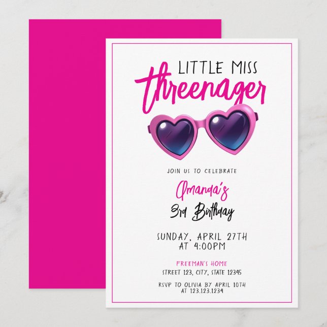 Cute Pink Sunglasses Threenager 3rd Birthday Invitation (Front/Back)