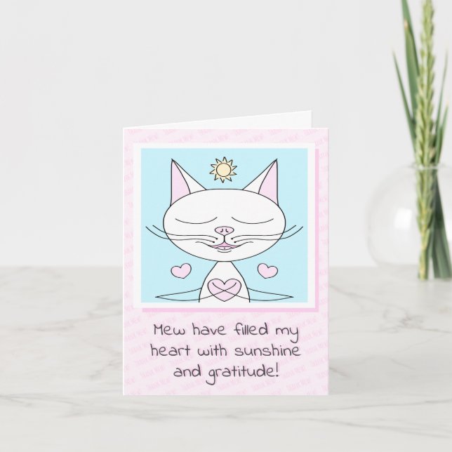 Cute Pink Sunshine And Gratitude White Kitty Cat Thank You Card (Front)