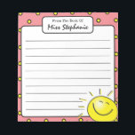 Cute Pink Sunshine Smile Face From Teacher  Notepad<br><div class="desc">Add a touch of smiley sunshine brightness and fun to classroom and school notes, reminders and other communications with this Cute Pink And Yellow Polka Dot Sunshine Smile Face From Teacher Notepad from my Zazzle shop. 5.5" x 6" in size. 40 single side tear-away pages. Lined for your writing convenience....</div>