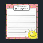 Cute Pink Sunshine Smile Face From Teacher  Notepad<br><div class="desc">Add a touch of smiley sunshine brightness and fun to classroom and school notes, reminders and other communications with this Cute Pink And Yellow Polka Dot Sunshine Smile Face From Teacher Notepad from my Zazzle shop. 5.5" x 6" in size. 40 single side tear-away pages. Lined for your writing convenience....</div>