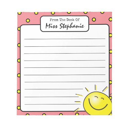 Cute Pink Sunshine Smile Face From Teacher  Notepad