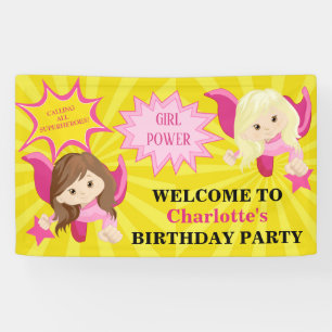Cute Pink Superhero Girl Birthday Party Banner