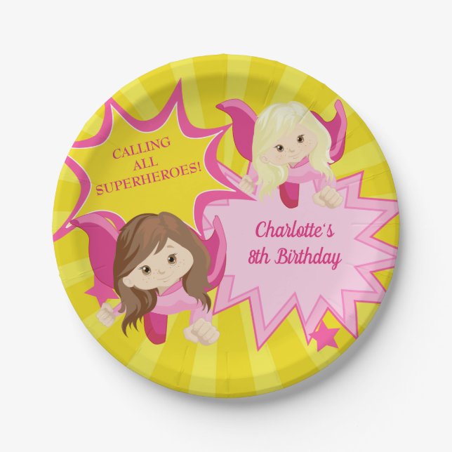 Cute Pink Superhero Girl Birthday Party Paper Plates (Front)