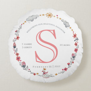 Cute pink swan baby birth stats nursery round pillow