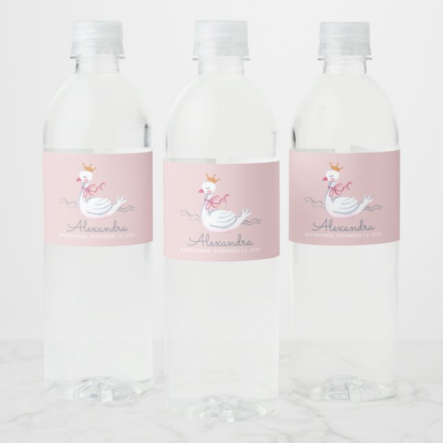 Cute pink swan babyshower party water bottle label (Bottles)