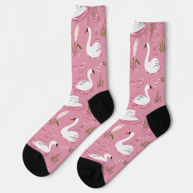 Cute Pink Swan Seamless Pattern Socks (Left)
