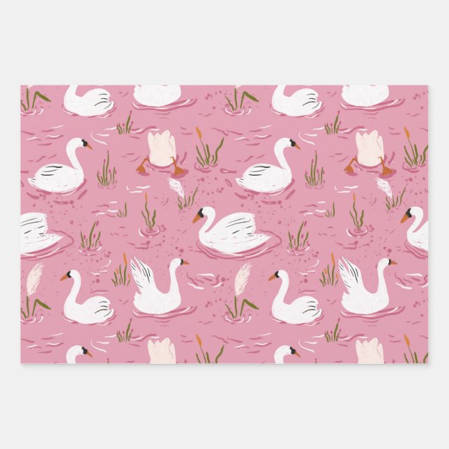 Cute Pink Swan Seamless Pattern Wrapping Paper Sheets (Front)