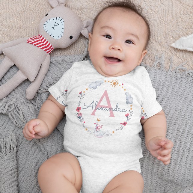 Cute pink swan & sun floral wreath with monogram baby bodysuit (Creator Uploaded)
