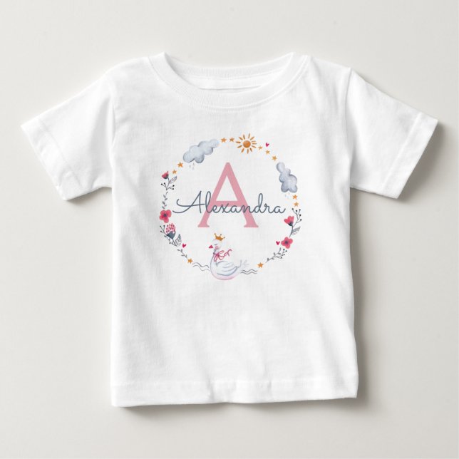 Cute pink swan & sun floral wreath with monogram baby T-Shirt (Front)