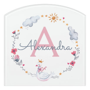 Cute pink swan & sun floral wreath with monogram door sign