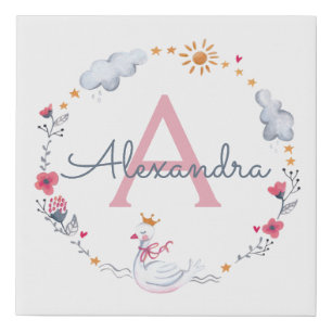 Cute pink swan & sun floral wreath with monogram faux canvas print
