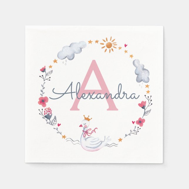 Cute pink swan & sun floral wreath with monogram napkins (Front)