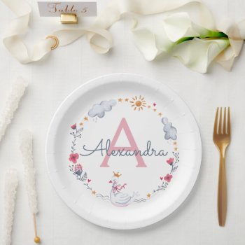 Cute Pink Swan & Sun Floral Wreath With Monogram W Paper Plates by CartitaDesign at Zazzle