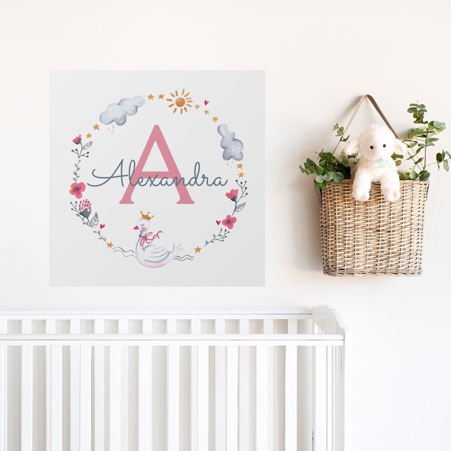 Cute pink swan & sun floral wreath with monogram wall decal  (Creator Uploaded)
