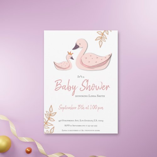 Cute Pink Swan with Crown Girl Baby Shower Invitation