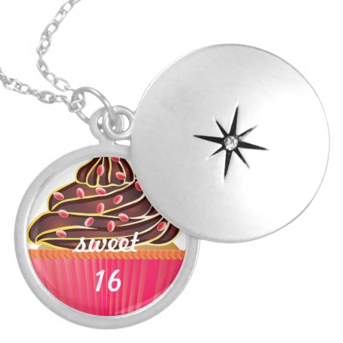 Cute Pink Sweet 16 Cupcake Sprinkles Silver Plated Necklace