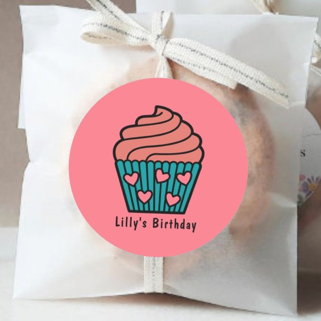 Cute Pink Sweet Cupcake Theme Birthday Party Girl  Classic Round Sticker (Creator Uploaded)