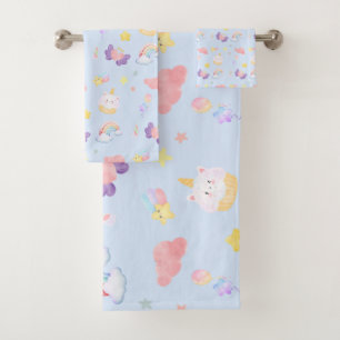 Cute pink sweet cupcake unicorn rainbow Pattern  Bath Towel Set