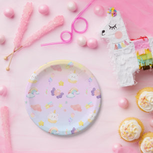 Cute pink sweet cupcake unicorn rainbow Pattern Paper Plates