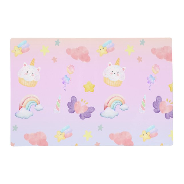 Cute pink sweet cupcake unicorn rainbow Pattern  Placemat (Front)