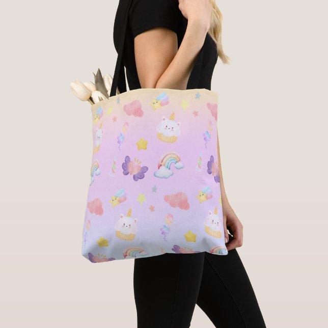 Cute pink sweet cupcake unicorn rainbow Pattern  Tote Bag (Close Up)