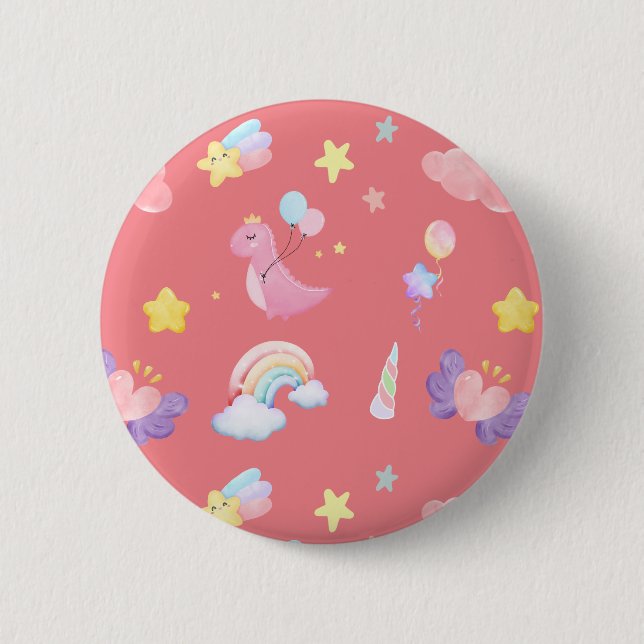 Cute pink sweet dinosaur rainbow balloon Pattern  Button (Front)