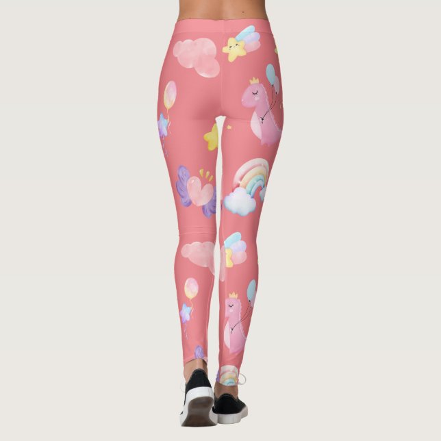 Cute pink sweet dinosaur rainbow balloon Pattern  Leggings (Back)