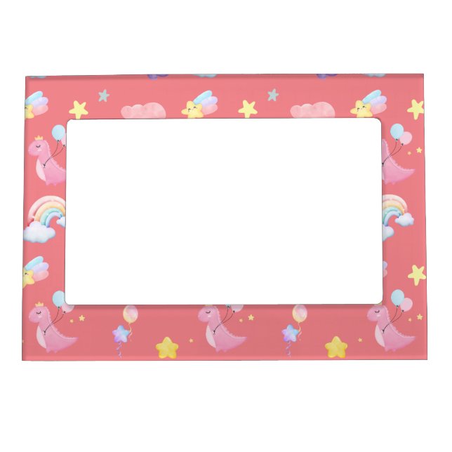 Cute pink sweet dinosaur rainbow balloon Pattern  Magnetic Frame (Front)