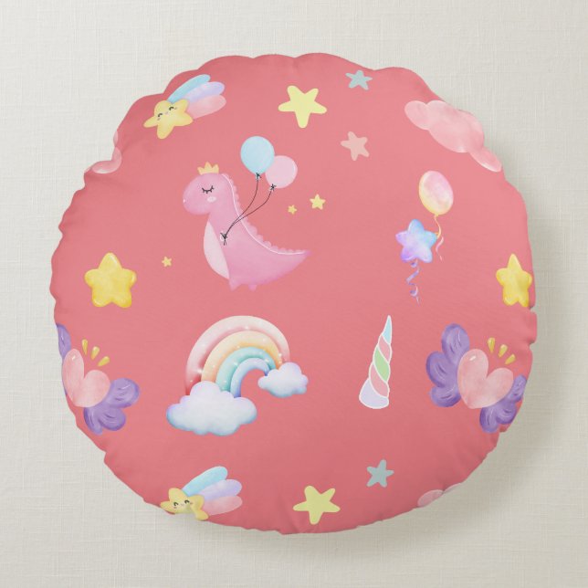 Cute pink sweet dinosaur rainbow balloon Pattern  Round Pillow (Front)