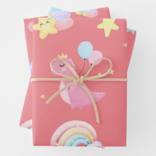 Cute pink sweet dinosaur rainbow balloon Pattern  Wrapping Paper Sheets