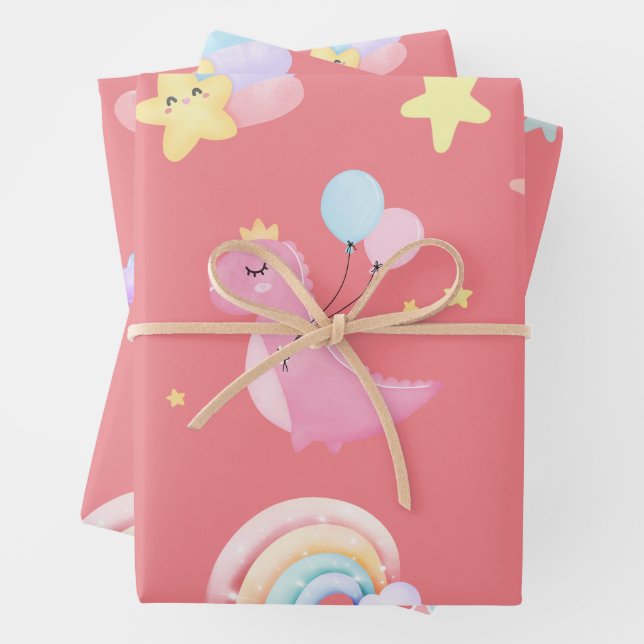 Cute pink sweet dinosaur rainbow balloon Pattern  Wrapping Paper Sheets (In situ)