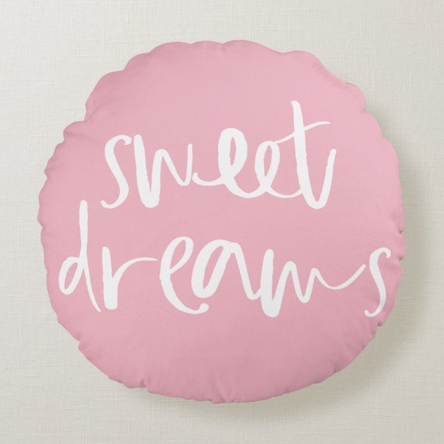 Cute Pink Sweet Dreams Hand Lettering Round Pillow (Front)