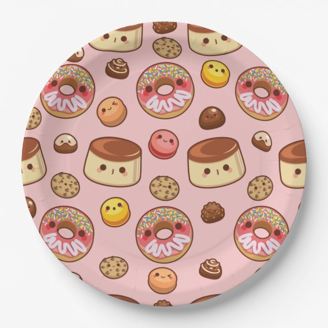 Cute Pink Sweet Kawaii Treats Party Paper Plates (Front)
