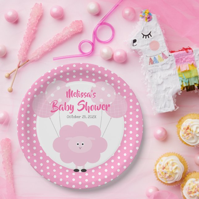 Cute Pink Sweet Lamb, Modern Simple Baby Shower Paper Plates (Party)