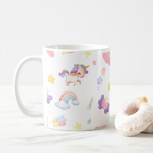 Cute pink sweet unicorn rainbow Balloon Pattern Coffee Mug (With Donut)