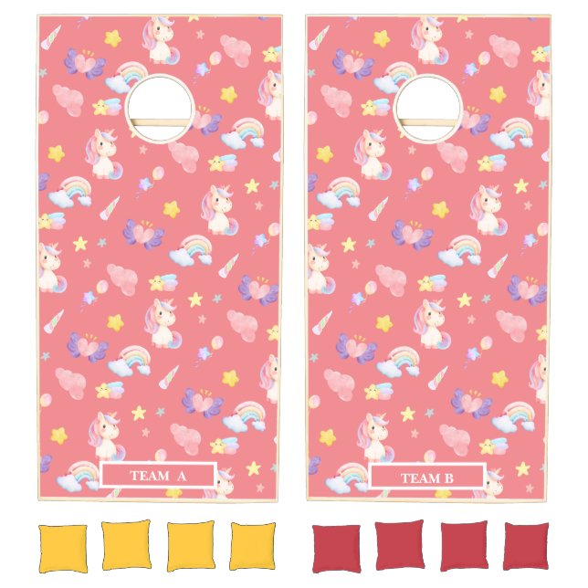 Cute pink sweet unicorn rainbow balloon Pattern  Cornhole Set (Set)