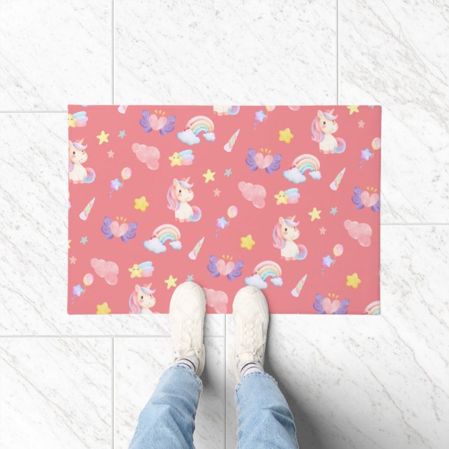 Cute pink sweet unicorn rainbow balloon Pattern  Doormat (Indoor)