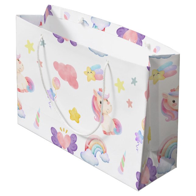 Cute pink sweet unicorn rainbow balloon Pattern  Large Gift Bag (Back Angled)