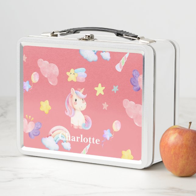 Cute pink sweet unicorn rainbow balloon Pattern  Metal Lunch Box (In Situ)