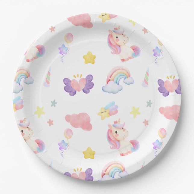 Cute pink sweet unicorn rainbow balloon Pattern  Paper Plates (Front)