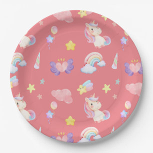 Cute pink sweet unicorn rainbow balloon Pattern Paper Plates