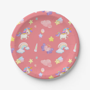 Cute pink sweet unicorn rainbow Balloon Pattern Paper Plates