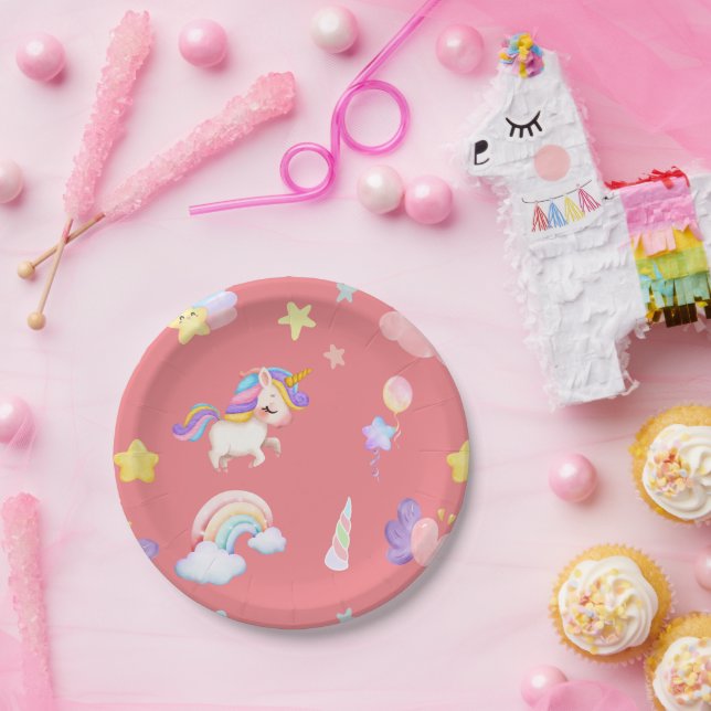 Cute pink sweet unicorn rainbow Balloon Pattern Paper Plates (Party)