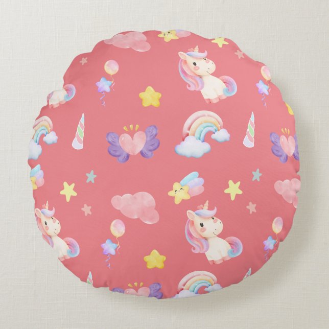 Cute pink sweet unicorn rainbow balloon Pattern  Round Pillow (Front)