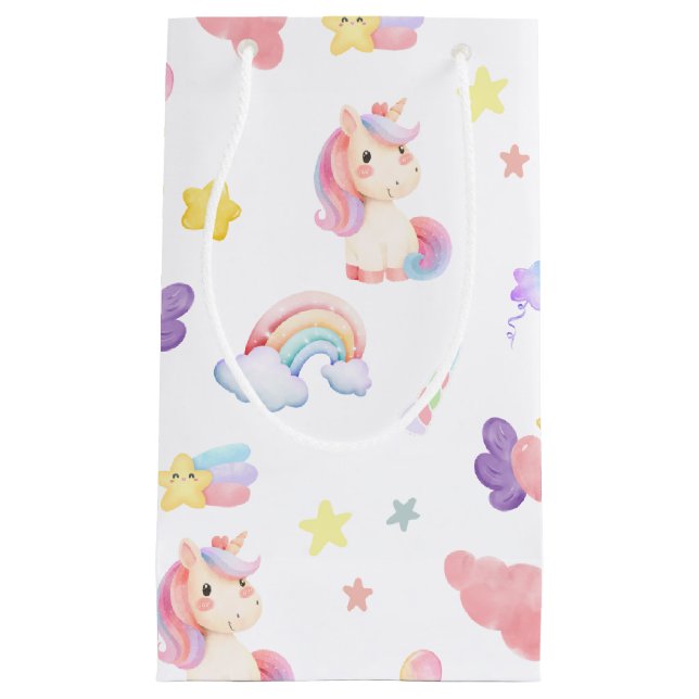 Cute pink sweet unicorn rainbow balloon Pattern  Small Gift Bag (Front)