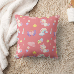 Cute pink sweet unicorn rainbow balloon Pattern Throw Pillow