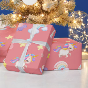 Cute pink sweet unicorn rainbow Balloon Pattern Wrapping Paper
