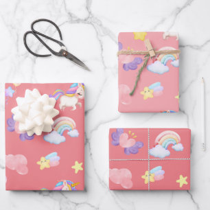 Cute pink sweet unicorn rainbow Balloon Pattern Wrapping Paper Sheets
