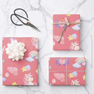 Cute pink sweet unicorn rainbow balloon Pattern Wrapping Paper Sheets