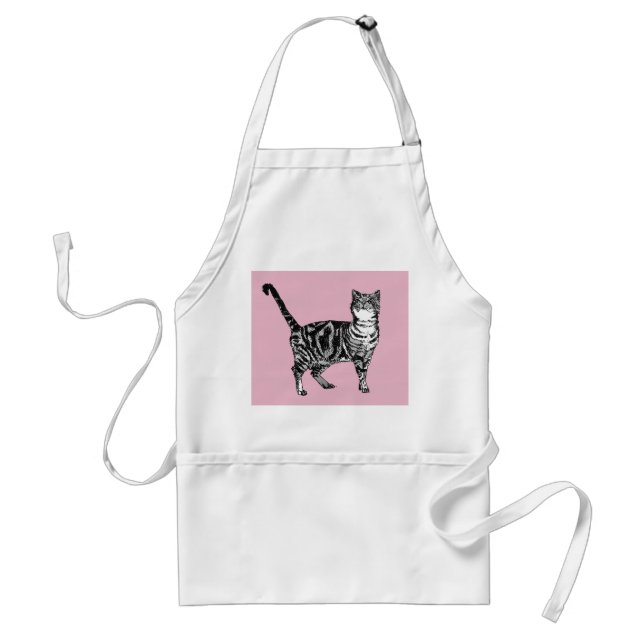 Cute Pink Tabby Cat Watercolour Art Kitchen Apron (Front)